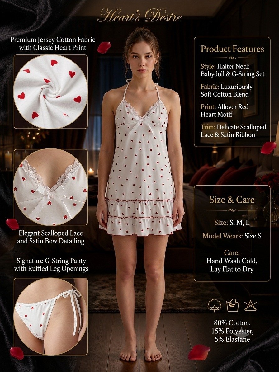Air Wear Heart Printed Nightdress (White & Red)
