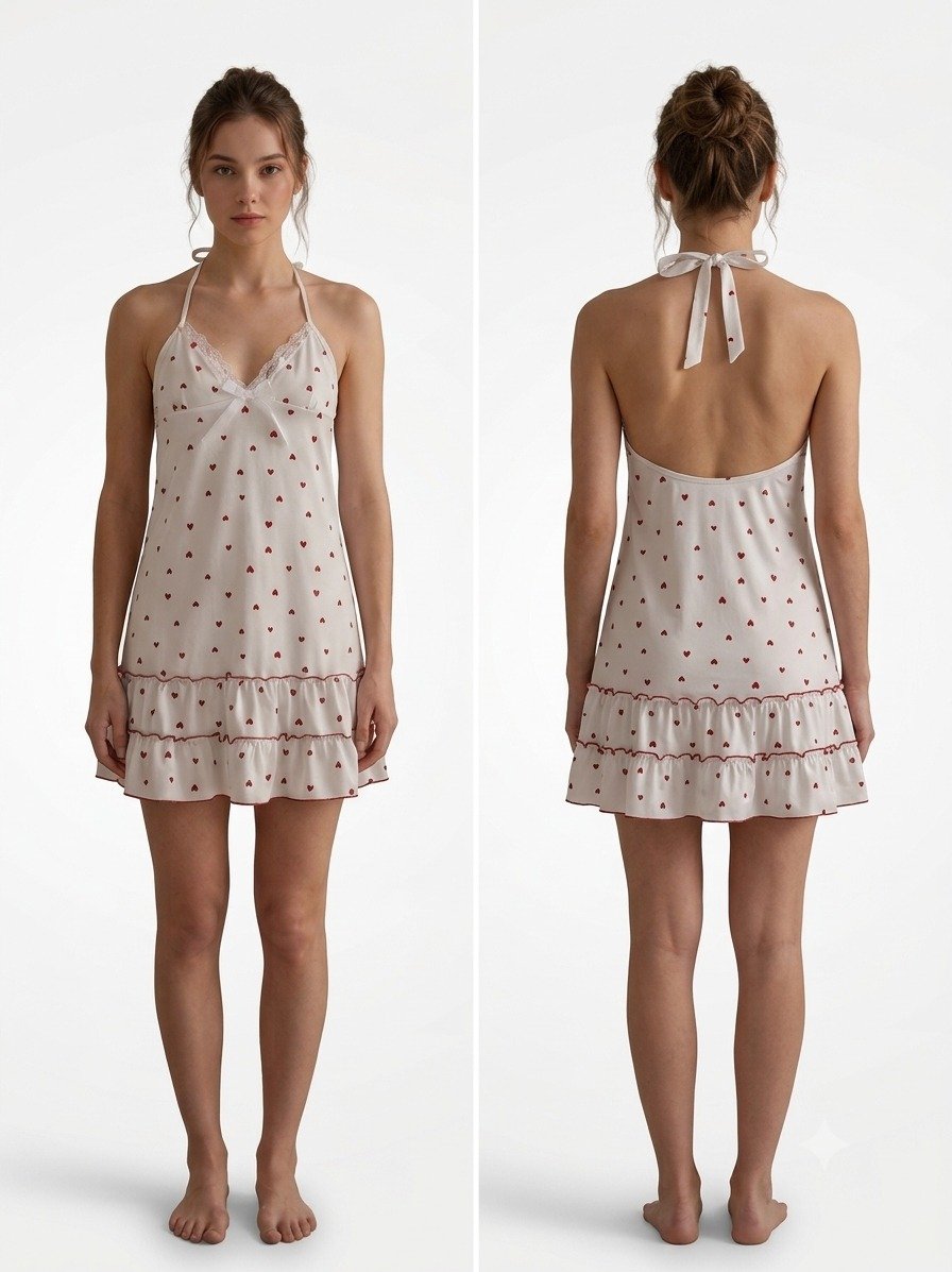 Air Wear Heart Printed Nightdress (White & Red)