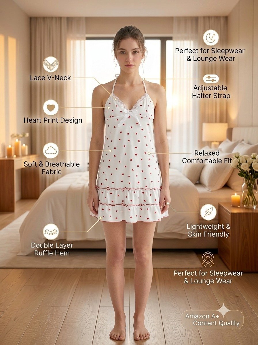 Air Wear Heart Printed Nightdress (White & Red)